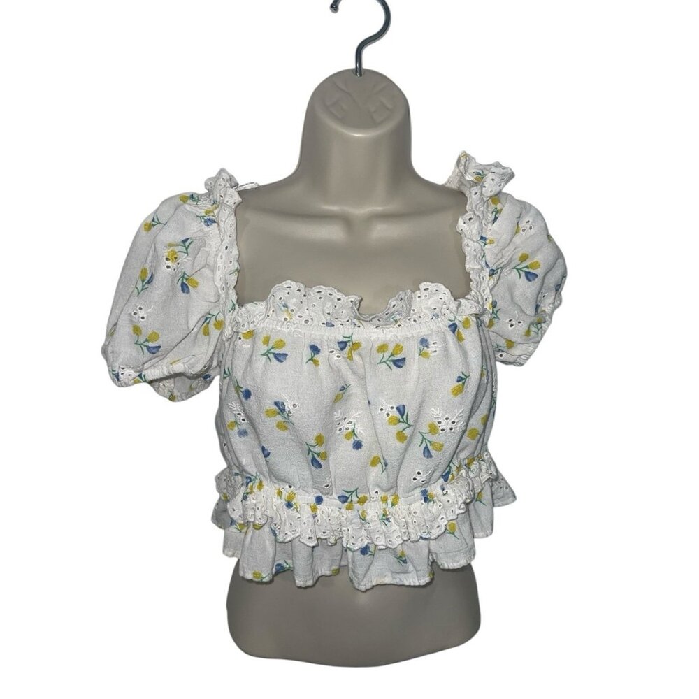 ZARA Women's Size Medium Floral Print Eyelet Cropped Top 100% Cotton